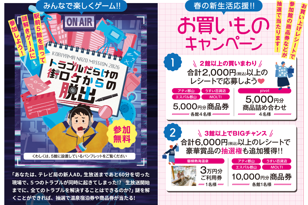 春の新生活応援!!お買いものキャンペーン お買い上げレシートで参加館の商品券などが抽選で当たります！／トラブルだらけの街ロケからの脱出　駅前5館を周って謎解きゲームに参加しよう！